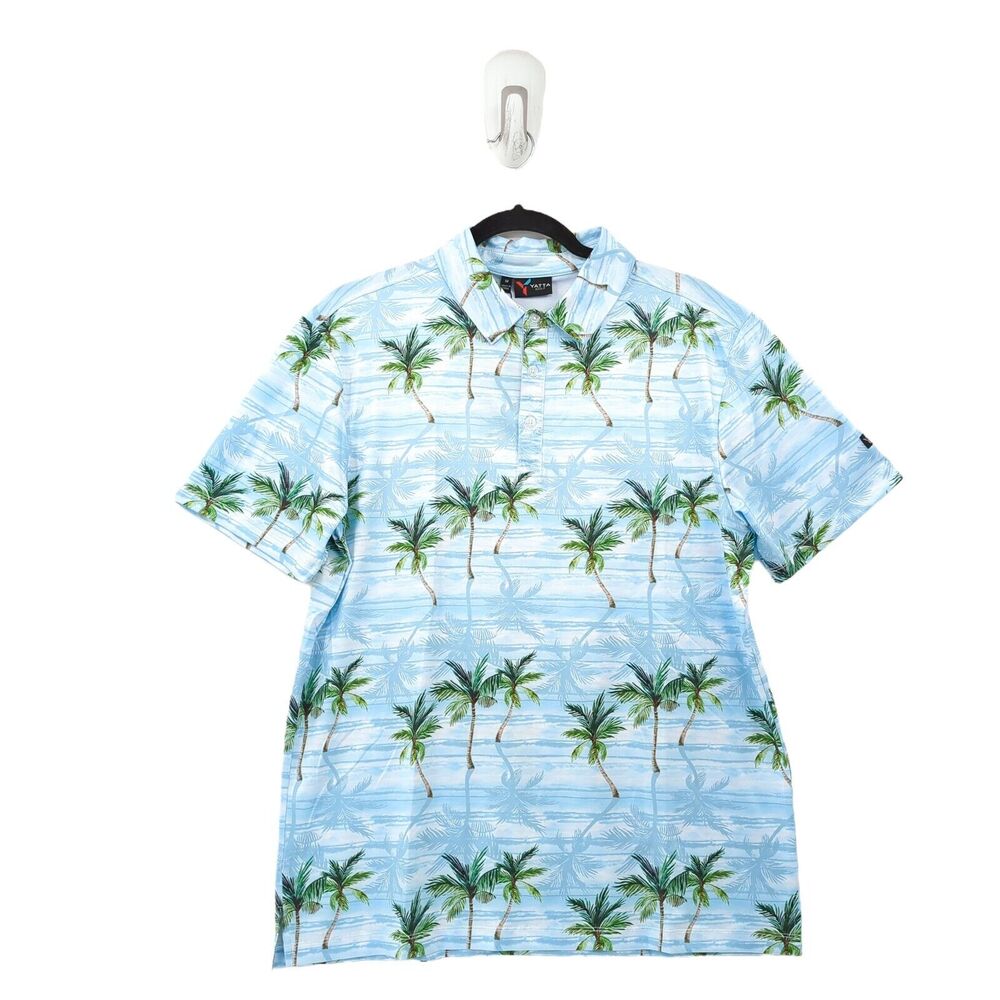 YATTA GOLF Men M Polo Shirt Blue Hawaiian Palm Trees Makani Olu Olu Floral NEW
